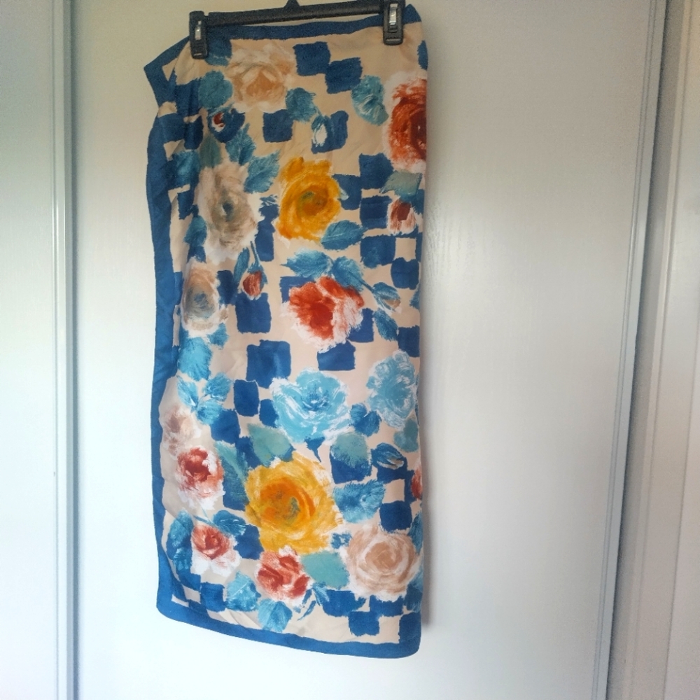ART OF THE SCARF Blue Square Watercolor Floral Satin Scarf